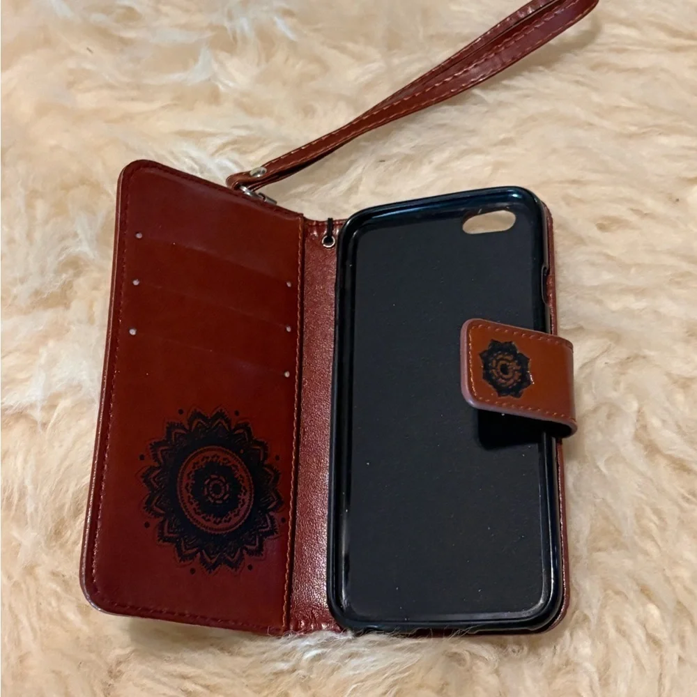 Brown Leather Embossed Mandala Phone Wallet Case